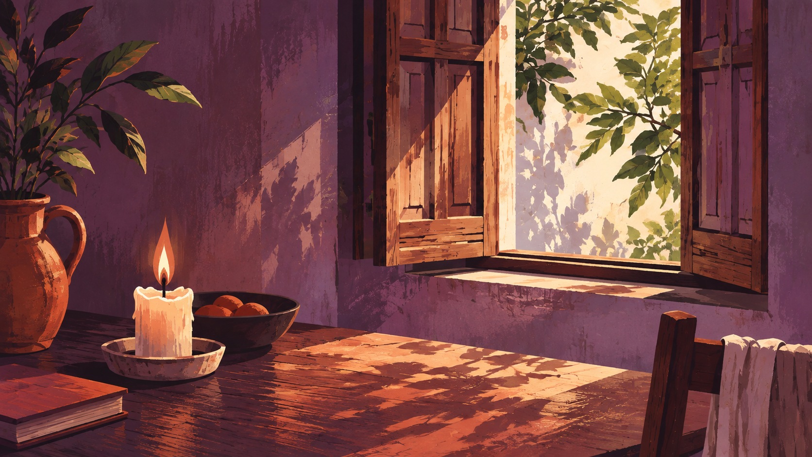 Ilustración de una ventana abierta, una vela y la luz cálida de una casa